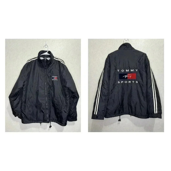 VTG TOMMY HILFIGER Mens Black Nylon Jacket Fleece Lined Medium Spellout Y2k READ - Picture 1 of 15